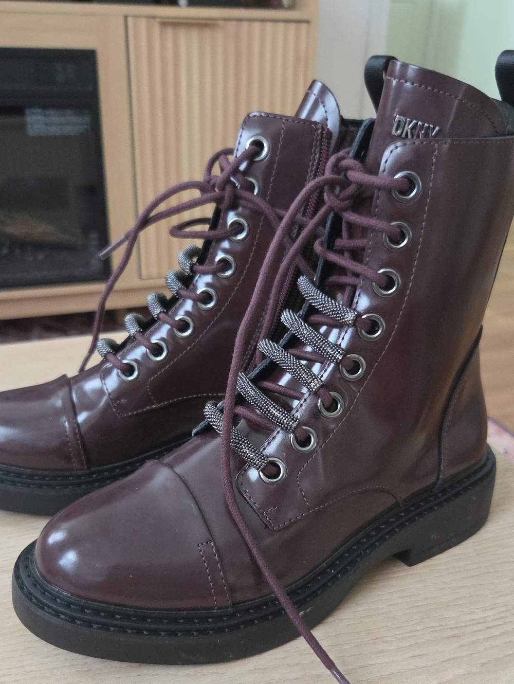 DKNY Women's Maroon Leather Lace-Up Combat Boots